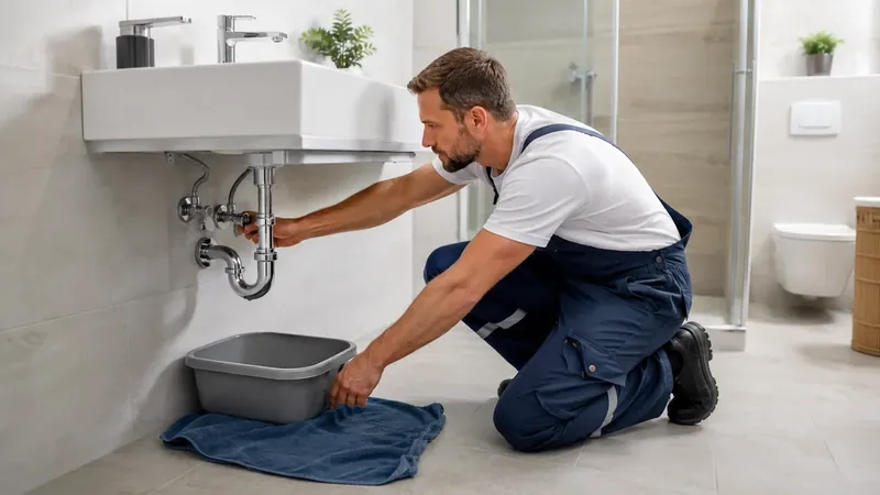 Sanitärfachkraft sichert einen kleinen akuten Wasseraustritt unter einem Waschbecken.