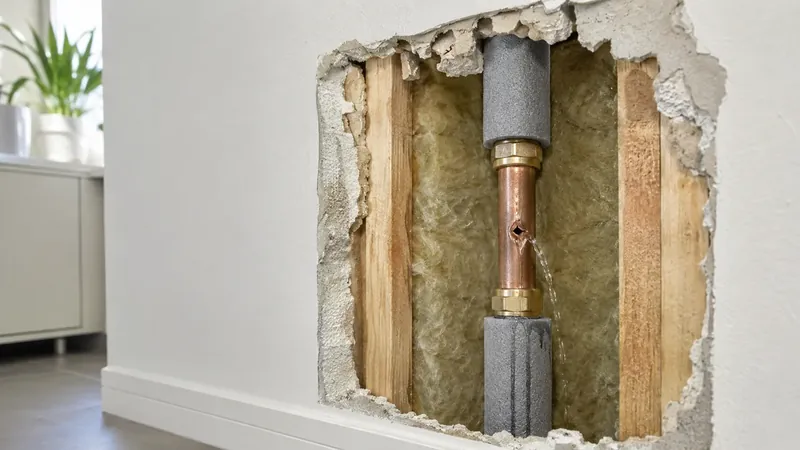 Freigelegte Wasserleitung mit lokaler Bruchstelle und begrenztem Wasseraustritt in einer geöffneten Wand.