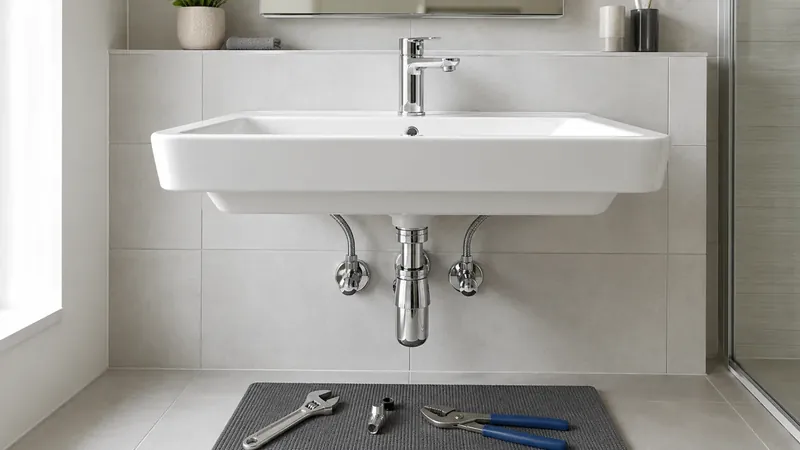 Neu installierte Waschtischarmatur mit sauberen Anschlüssen und Siphon in einem modernen Badezimmer.