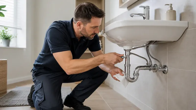 Sanitärfachkraft prüft Armatur, Eckventile und Siphon an einem modernen Waschbecken.