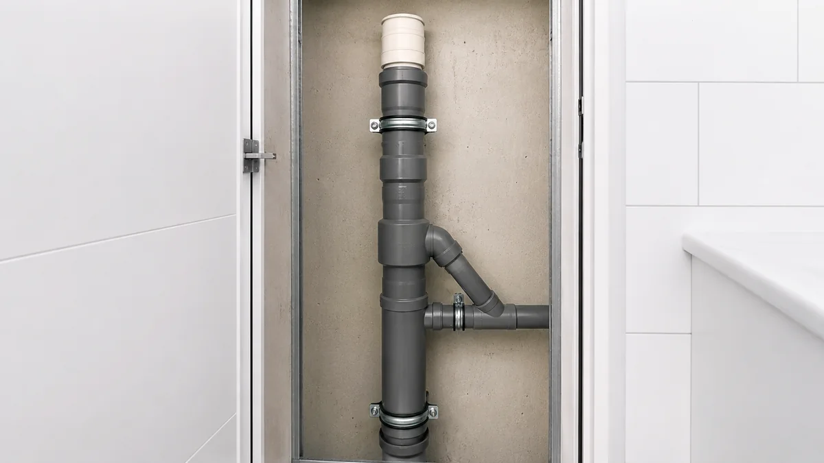 Vertikale Abwasserleitung mit Rohrbelüfter in einem geöffneten Installationsschacht.