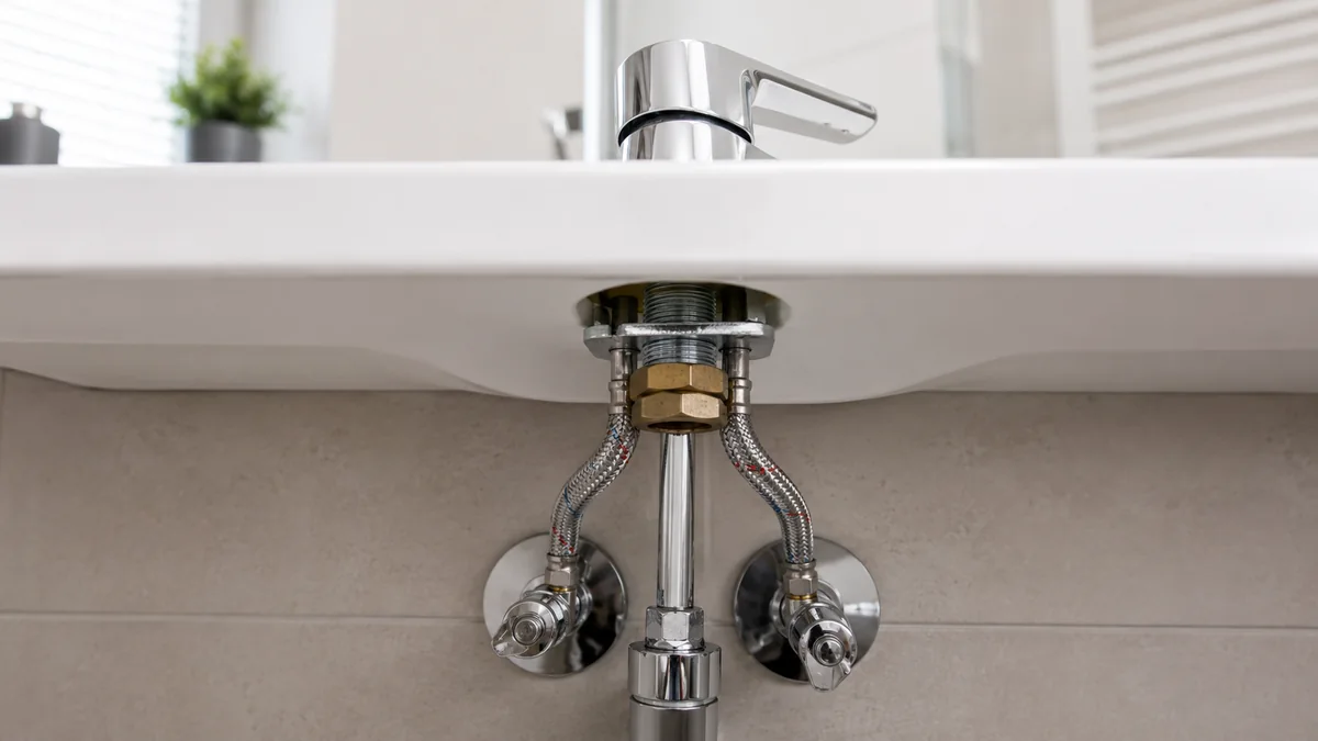 Lockere Befestigungsmutter und Montagebügel einer Waschtischarmatur unter dem Waschbecken.
