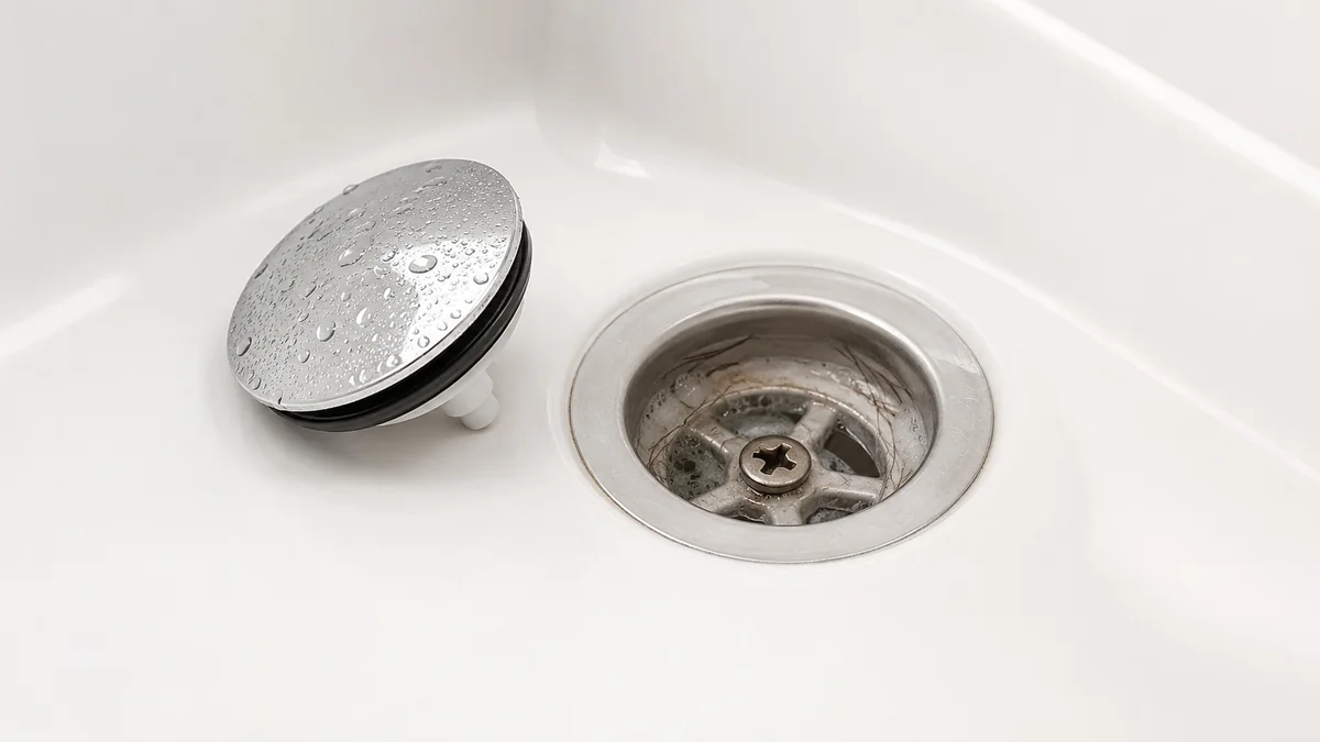 Geöffneter Badewannenablauf mit sichtbaren Haaren und leichten Seifenablagerungen.