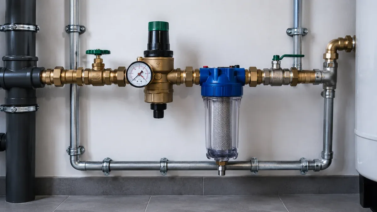 Druckminderer mit Manometer und Hauswasserfilter in einer gepflegten Trinkwasserinstallation