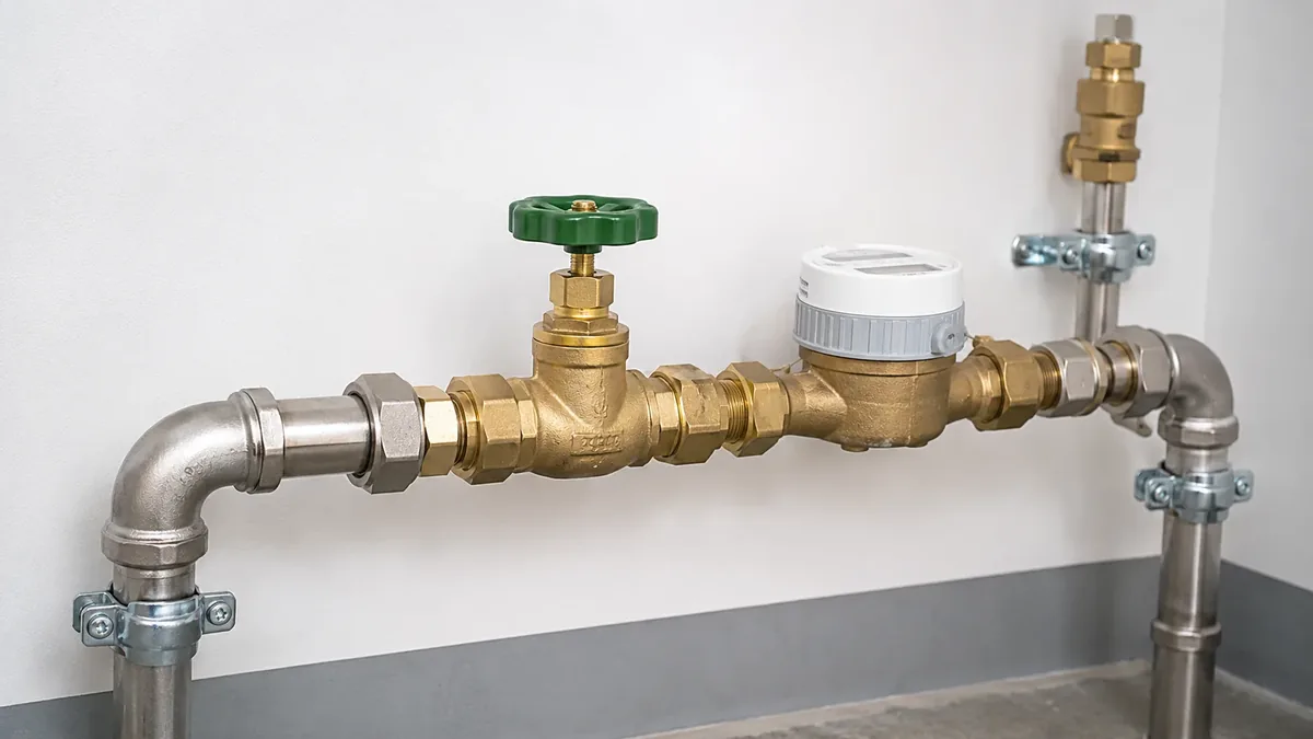 Hauptwasserhahn neben einem Wasserzähler zum Abstellen der Wasserzufuhr