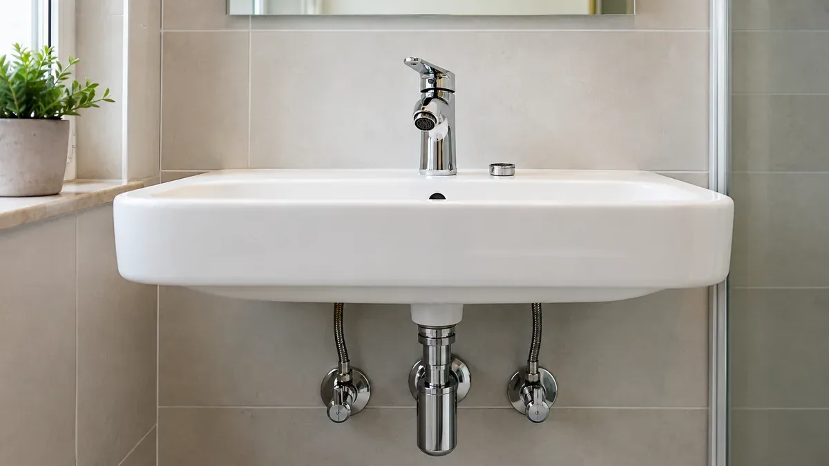Abgeschraubter Perlator und zwei Eckventile an einem Waschbecken bei der Prüfung eines schwachen Wasserstrahls