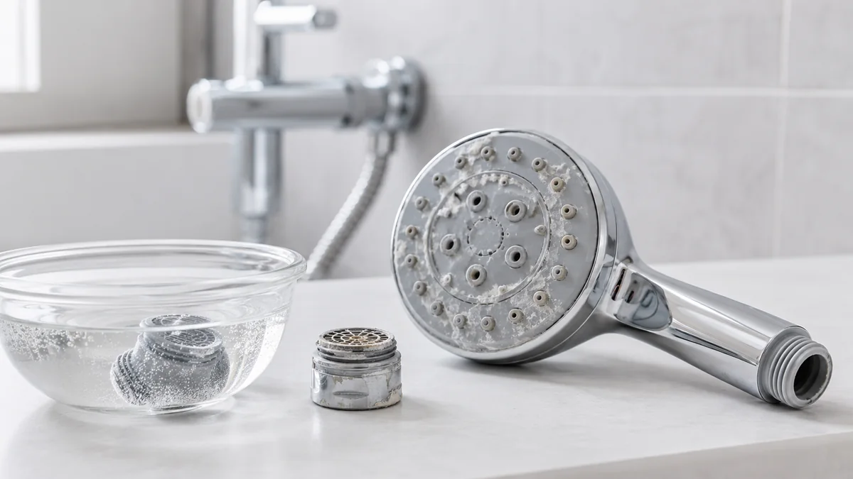 Abgeschraubter Perlator und Duschkopf mit Kalkablagerungen neben einer Schale mit Reinigungslösung.