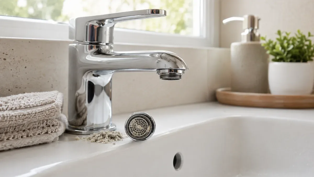 Abgeschraubter verkalkter Perlator neben einer verchromten Armatur auf einem Waschbecken