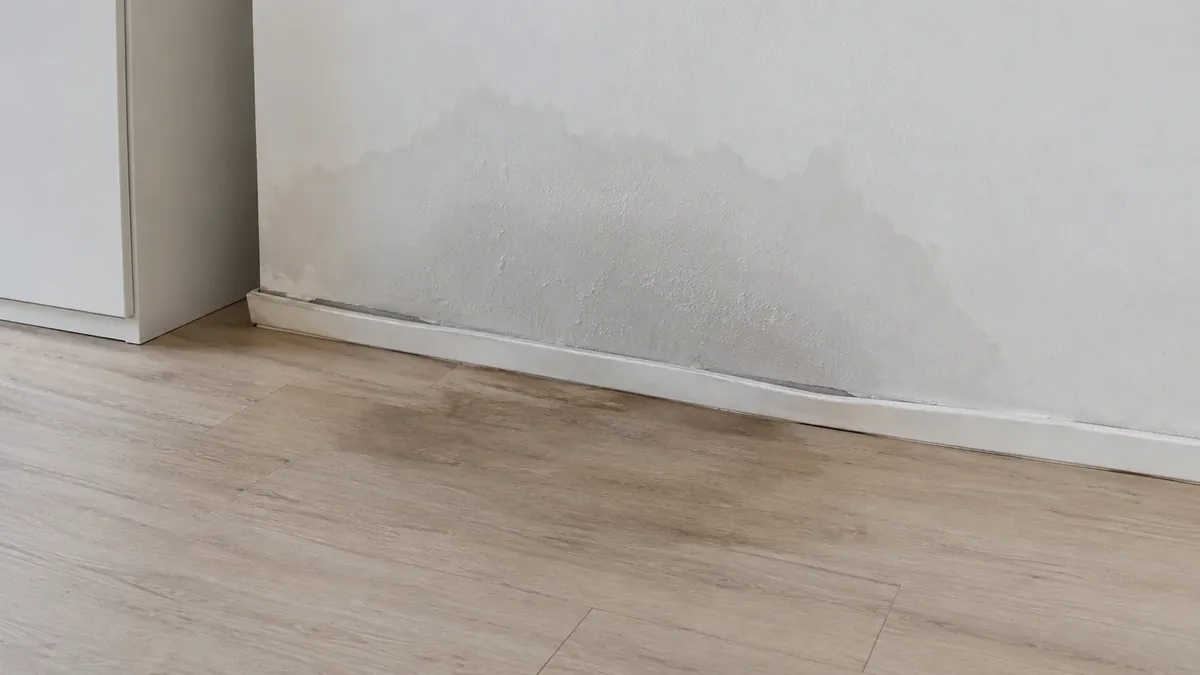 Feuchte Wand und aufgequollener Boden als Anzeichen eines verdeckten Rohrbruchs