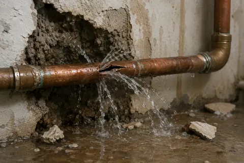 Geborstenes Rohr mit austretendem Wasser