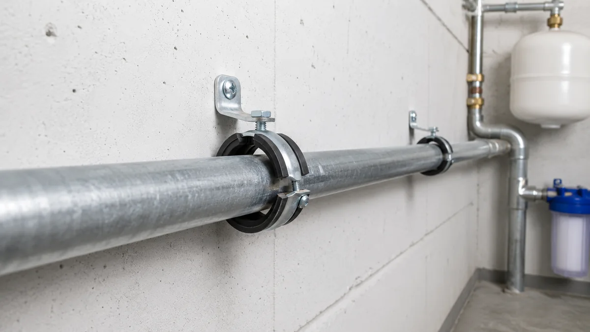 Metallische Wasserleitung mit lockerer Rohrschelle und sichtbarem Spiel an der Wandbefestigung.