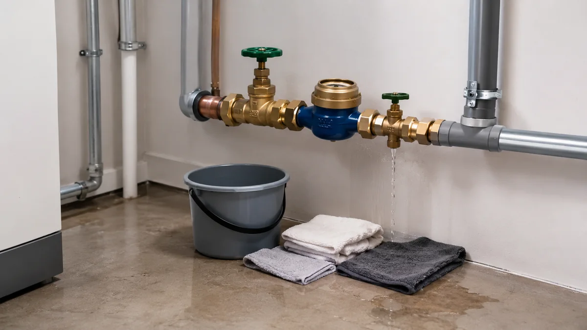 Geschlossener Hauptwasserhahn mit Eimer und Tüchern zur Begrenzung eines Wasserschadens.