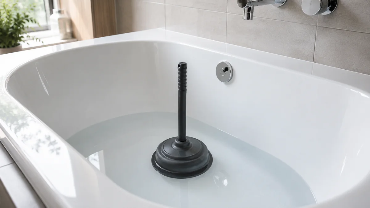Saugglocke auf dem Badewannenablauf in flachem Wasser, ohne abgedeckten Überlauf.