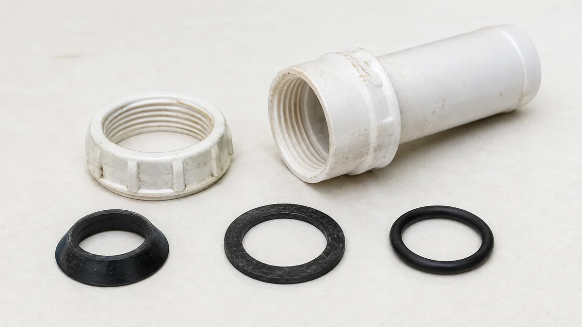 Konische Dichtung, Flachdichtung, O-Ring und Überwurfmutter eines Siphons auf einer hellen Fläche.