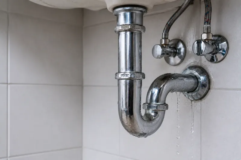 Undichter Siphon mit Wassertropfen unter dem Waschbecken