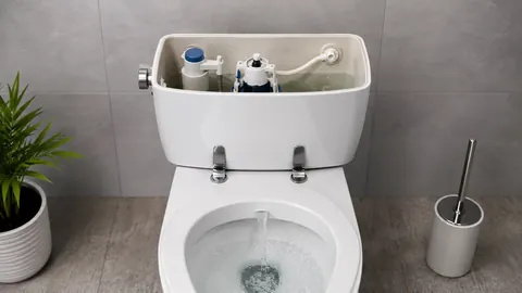 Geöffneter Spülkasten mit nachlaufendem Wasser