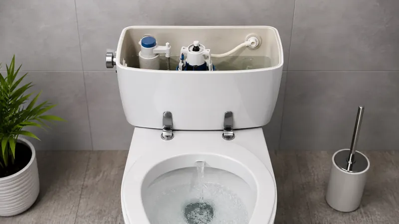 Geöffneter Spülkasten mit nachlaufendem Wasser