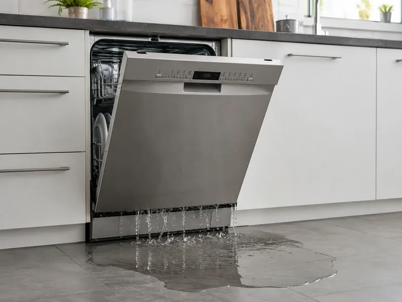 Auslaufende Spülmaschine mit Wasser auf dem Küchenboden