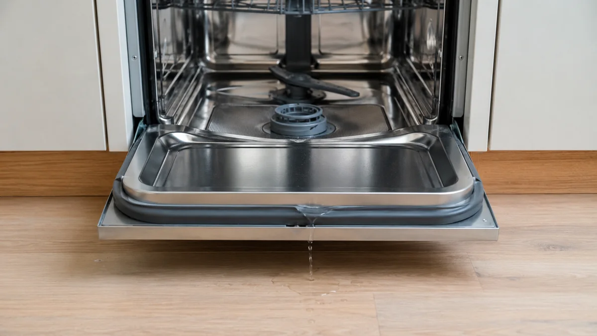 Kleine Beschädigung an der unteren Türdichtung einer geöffneten Spülmaschine mit geringer Wasserspur.