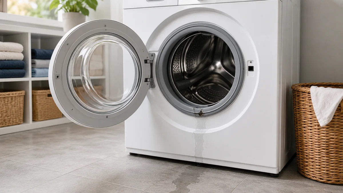 Kleine Wasserspur an der beschädigten Türmanschette einer modernen Waschmaschine.