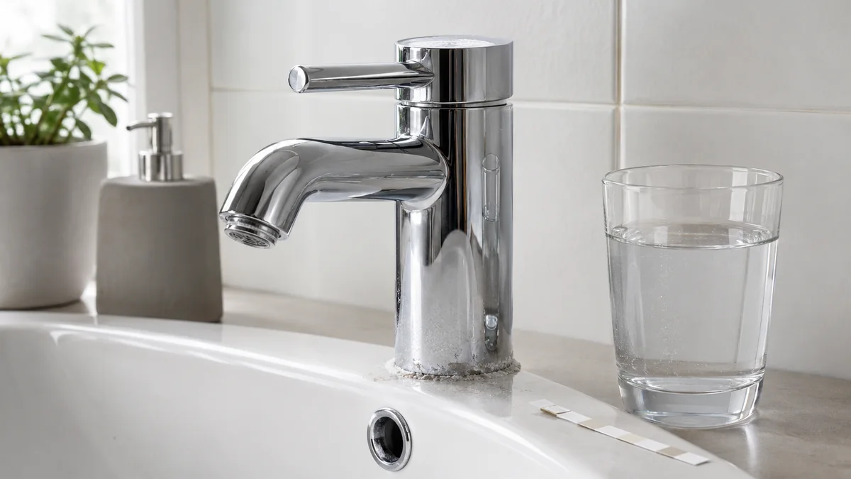 Glas mit Leitungswasser neben einer Armatur mit leichten Kalkspuren und Wasserhärte-Teststreifen.