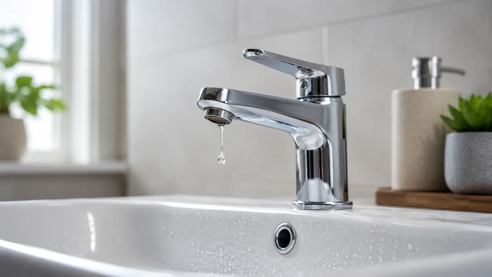 Tropfender Wasserhahn über einem Waschbecken
