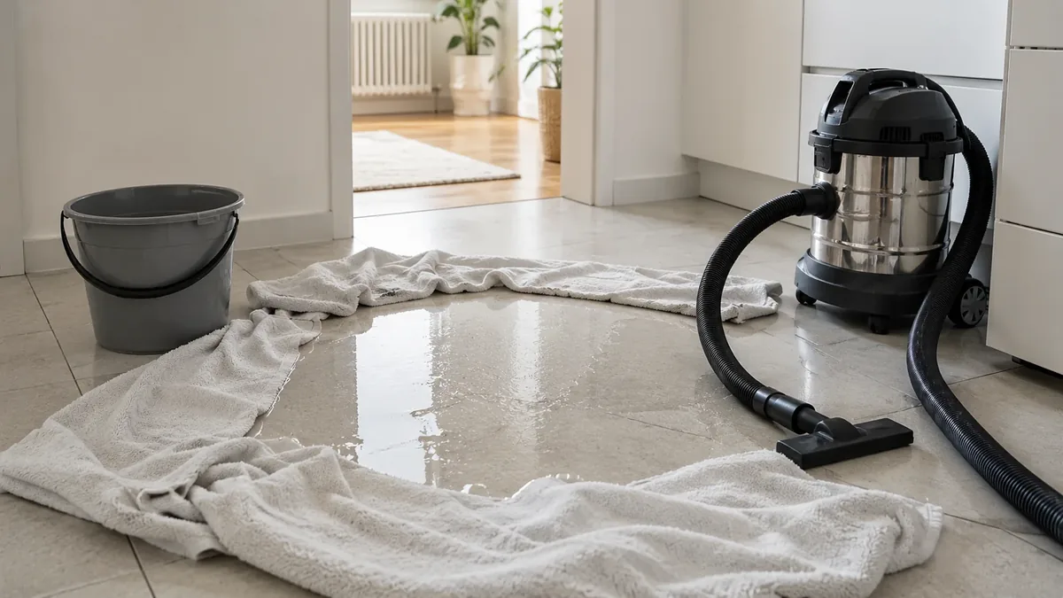 Eimer, Handtücher und Nasssauger zur Begrenzung eines Wasserschadens