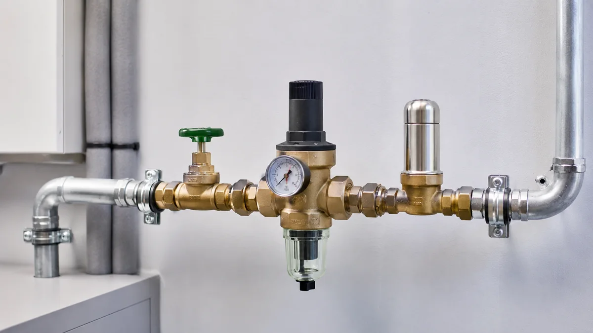Trinkwasserinstallation mit Druckminderer und Druckstoßdämpfer gegen laute Klopfgeräusche.