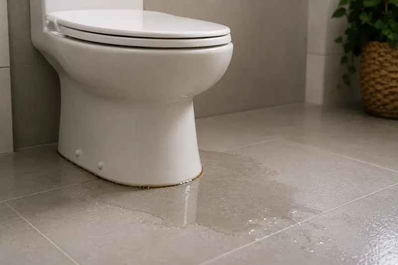 Undichte WC-Dichtung mit Wasser am Toilettenfuß
