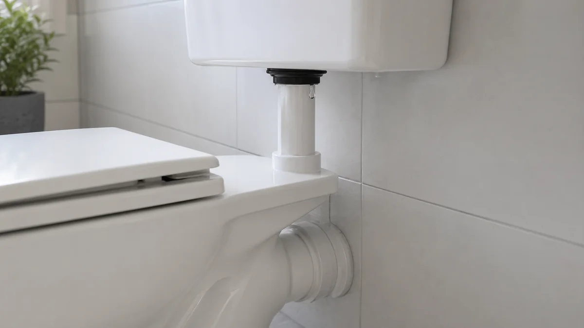 Einzelner Wassertropfen an der Spülrohrdichtung hinter einem Stand-WC.