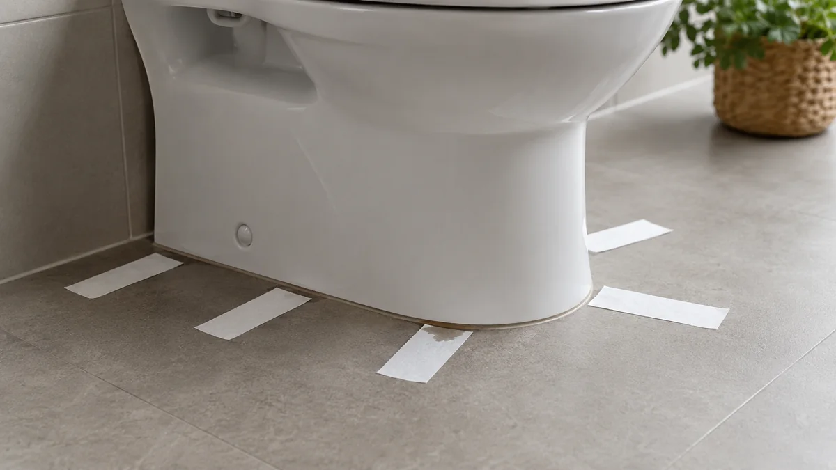 Kleine Wasserspur am Fuß eines Stand-WCs mit Prüfpapier zur Eingrenzung der Leckstelle.