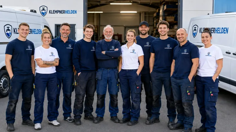Das Klempnerhelden-Team vor der Werkstatt mit zwei Servicefahrzeugen